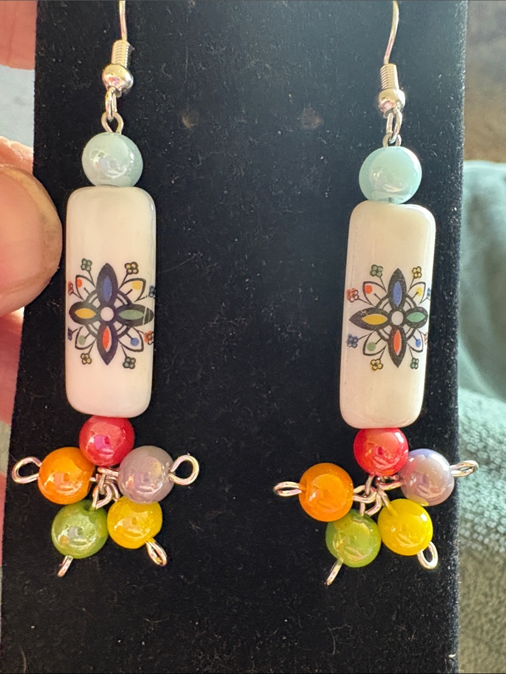 Hand Crafted Multicolor Rainbow Floral Ceramic Drop Earrings in Pastel Hues